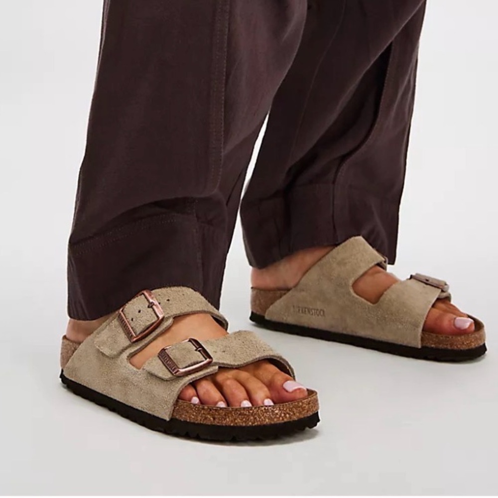 Birkenstock Arizona Suede Two-Strap Sandals - Tan. Size 39